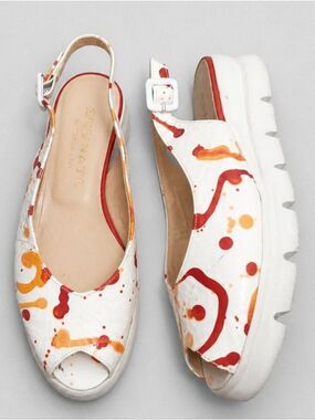 Brunate dal 1926 White Slingback Peep-Toe Sandals with Orange & Red Accent